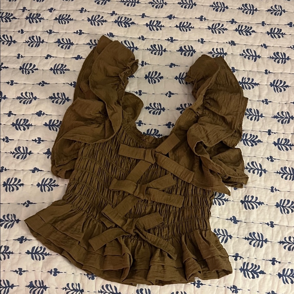 Olive Green Smocked Blouse with Ruffle Sleeves